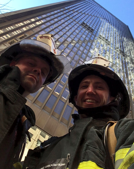 Two firefighters before the 2017 American Lung Association Stair Climb.