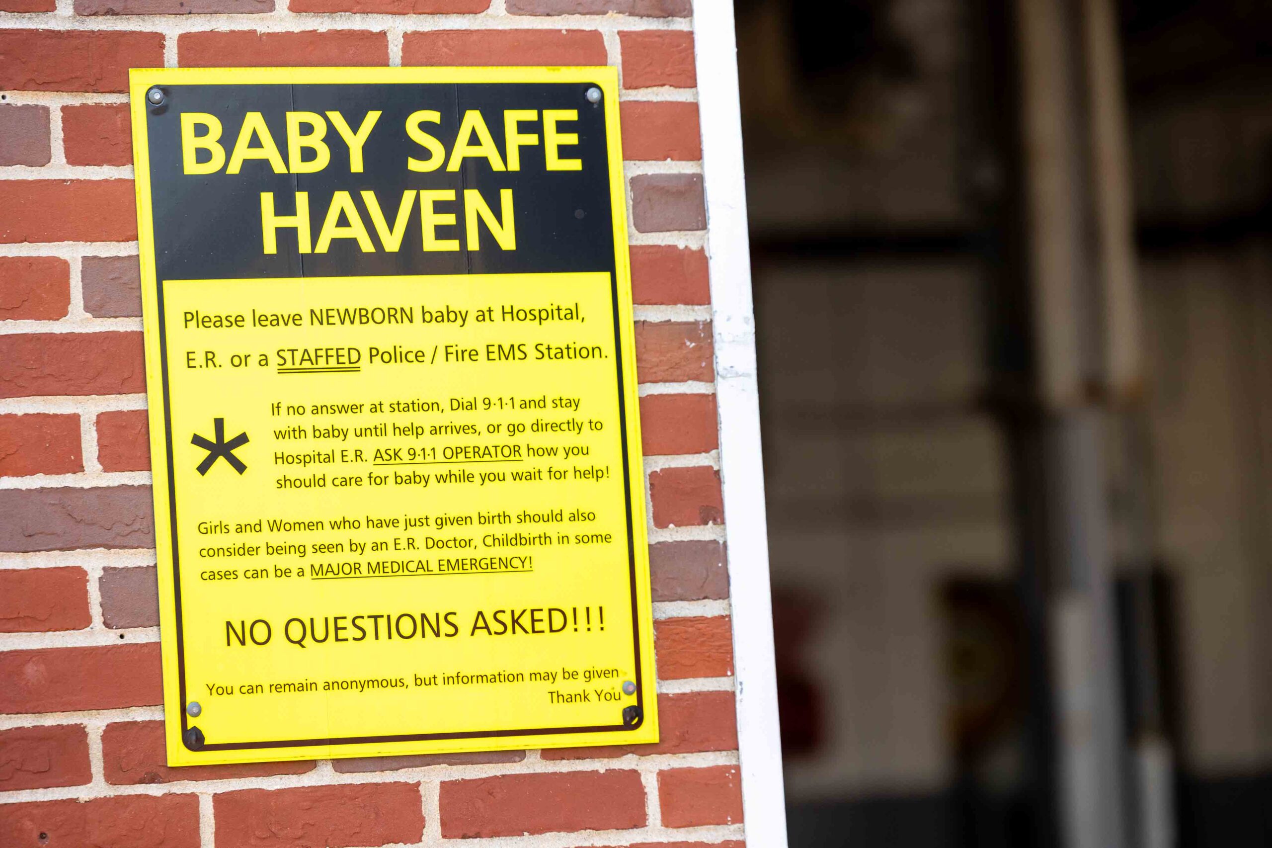 Baby Safe Haven sign outside the fire department headquarters.